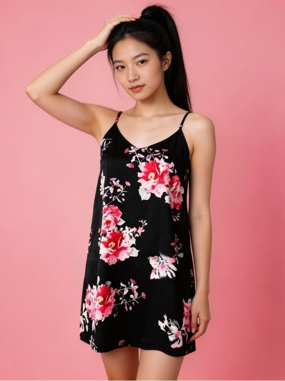HONEY PUNCH | Black Floral Satin Slip Nighty Sz S